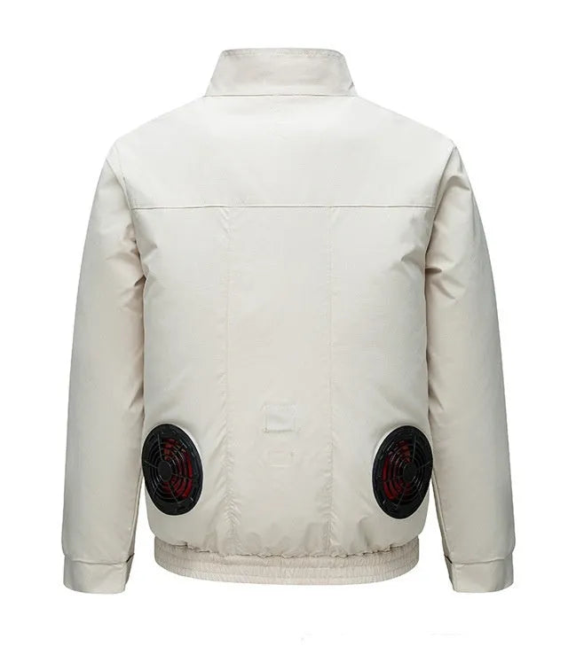 Man's black cooling work jacket with chest ventilation holes for a fan on a mannequin.