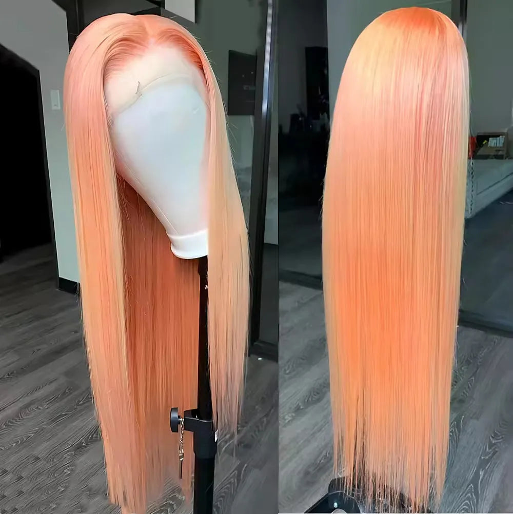 Light orange long straight front lace wig made from high-temperature fibre