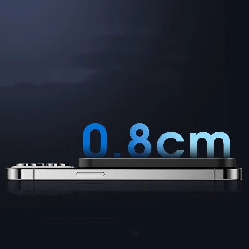 Magnetic wireless power bank with alloy metal casing in black or titanium gold colour.