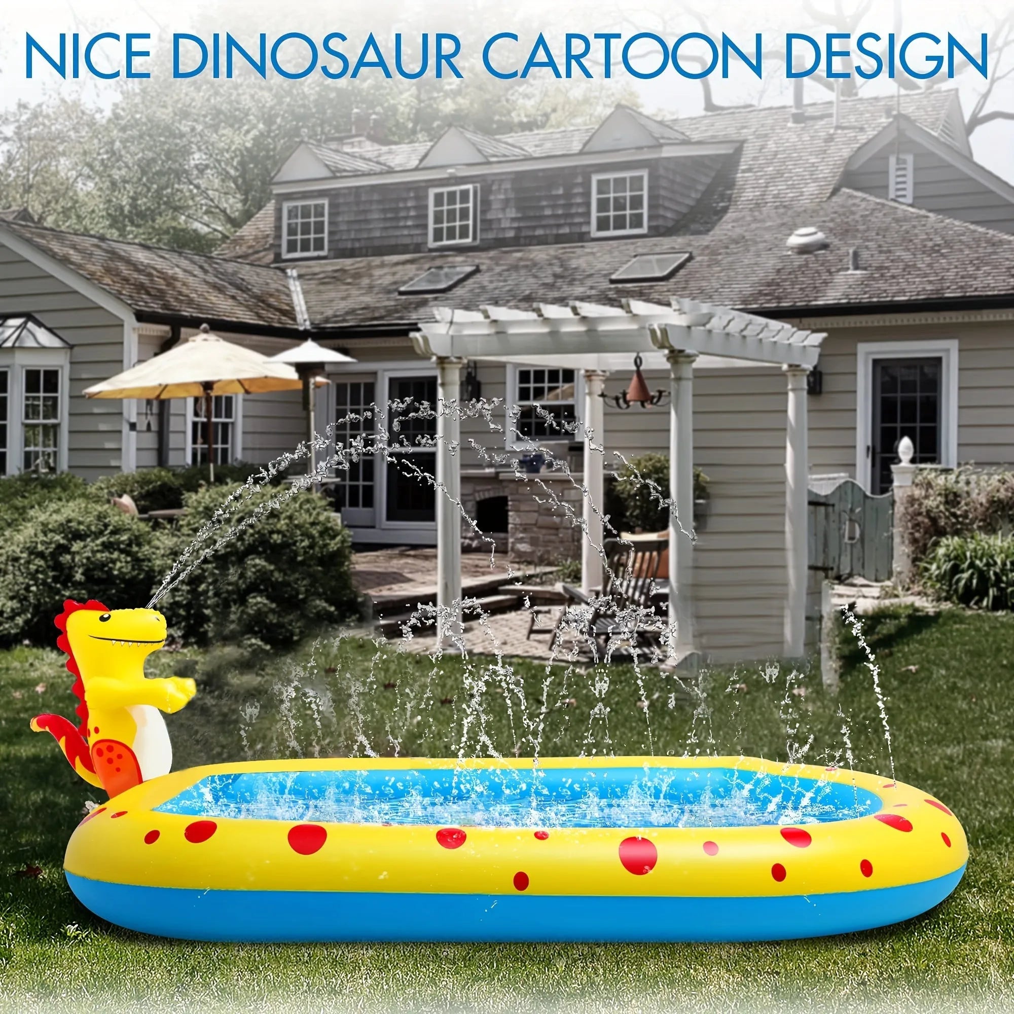 Blue dinosaur-themed inflatable water play pool with spray features for children's outdoor use