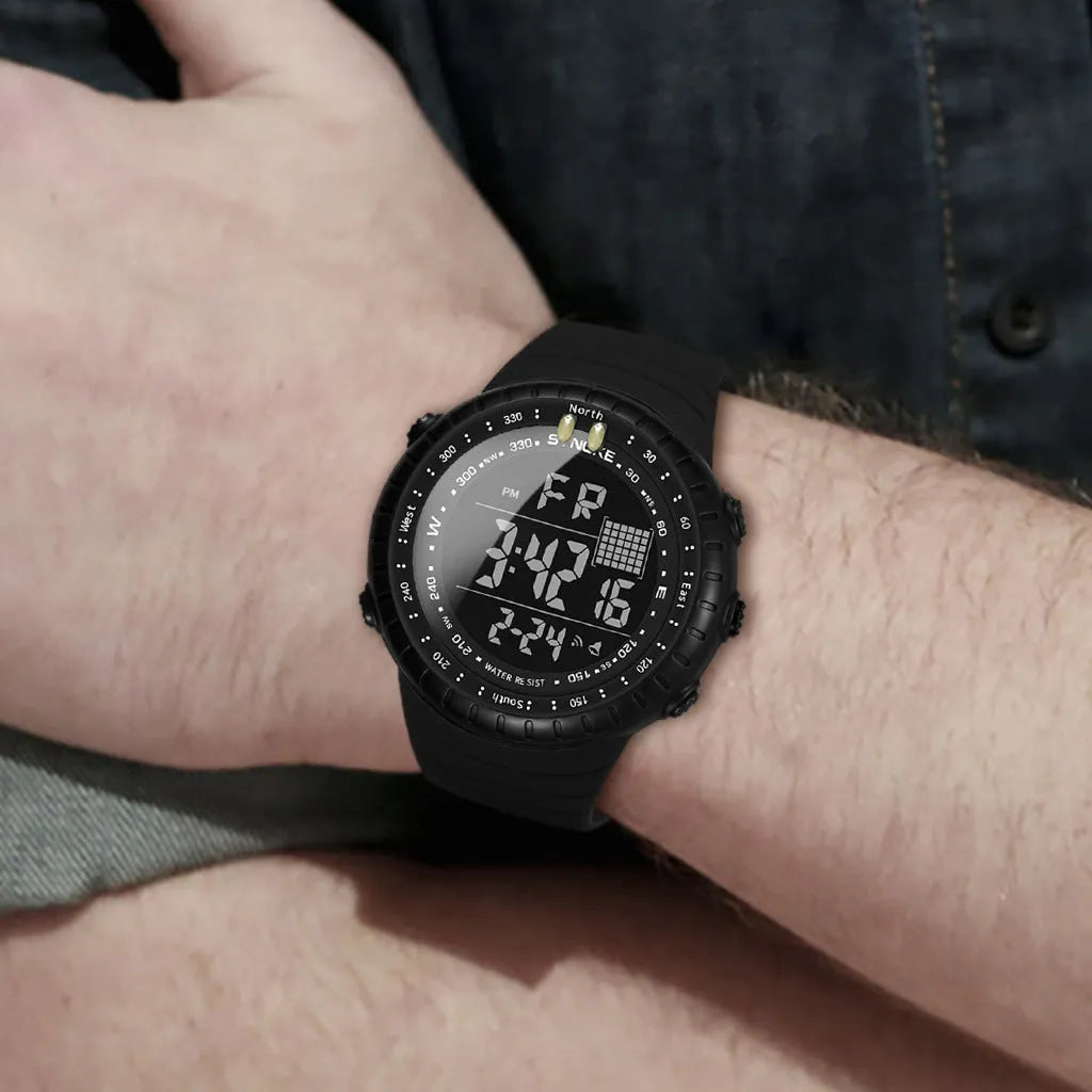 Men's black waterproof outdoor electronic watch with large 54.74mm dial and adjustable PU strap
