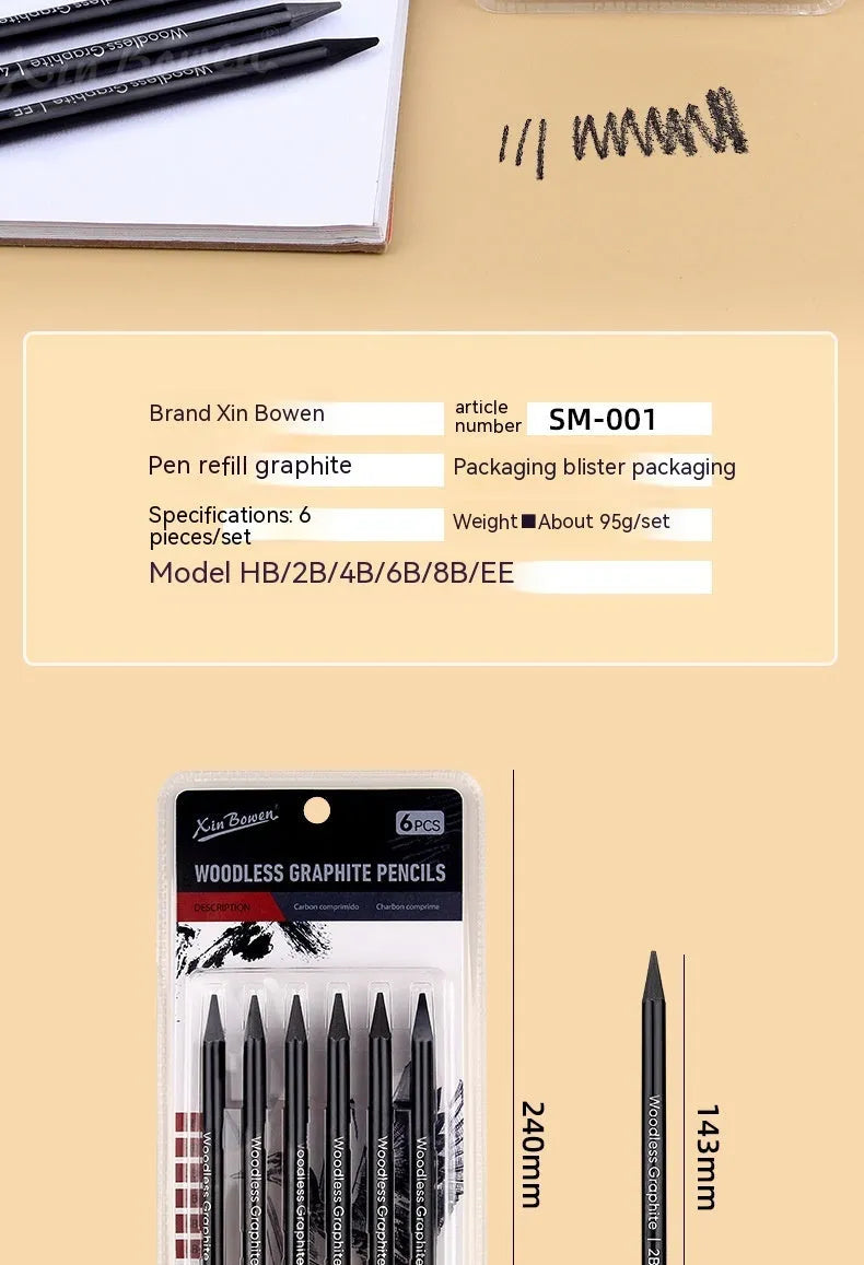 Wood-free graphite sketching pencils set with six hardness grades for art projects