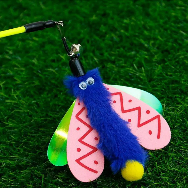Blue, yellow, and pink dragonfly cat wand toy with bell on a long plastic stick.