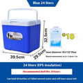 Blue portable insulated cooler box with aluminium foil lining, shown closed.