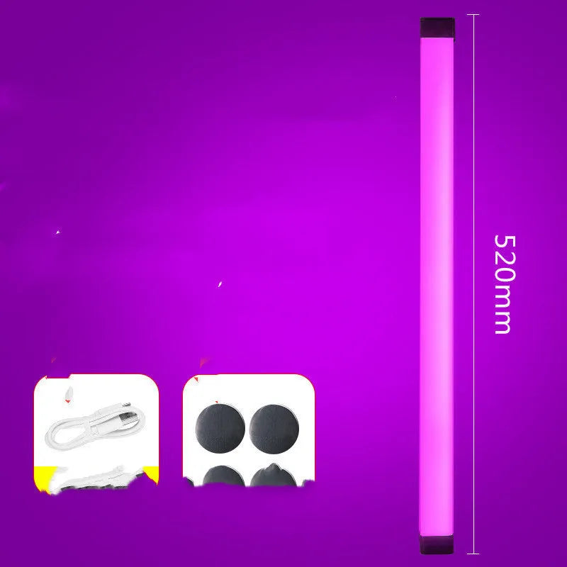 Blue and purple rechargeable LED tube night light with USB cable and dimmable switch.