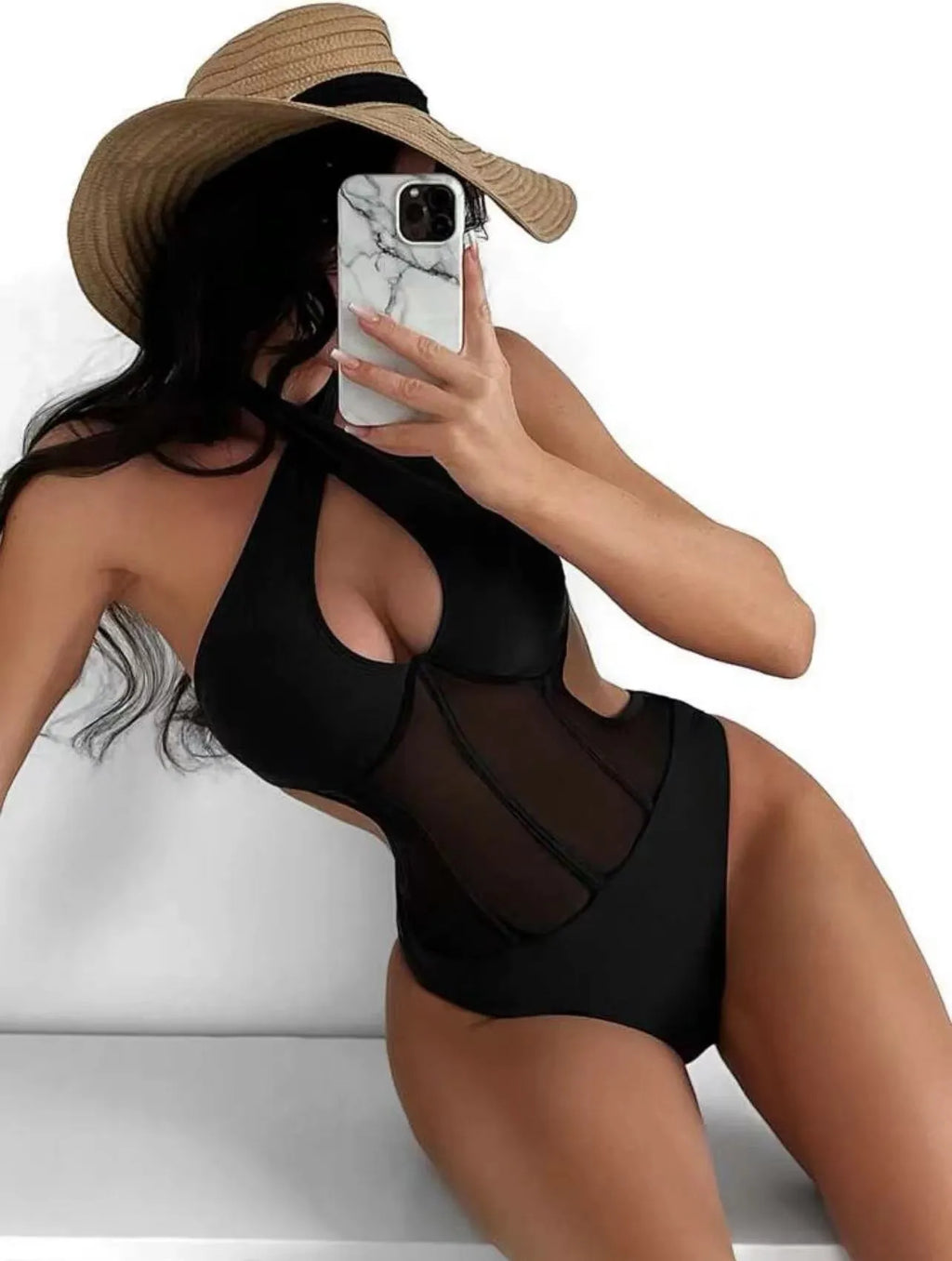 Women's black one-piece swimsuit bikini with nylon-spandex fabric for swimming