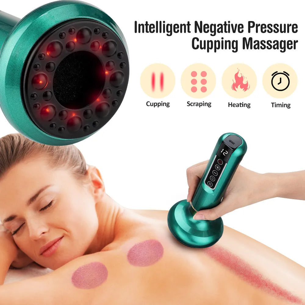 Green electric vacuum cupping massager with adjustable suction and heating controls