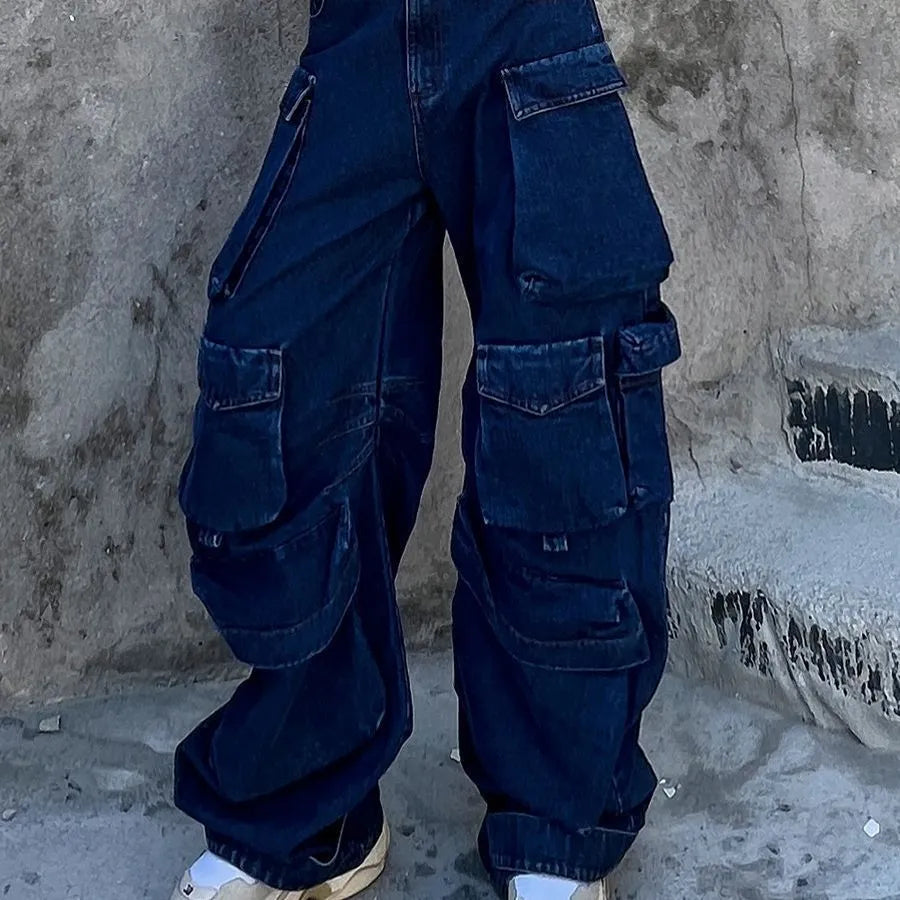 Dark blue distressed wide-leg women's jeans with high waist and multiple pockets in workwear style