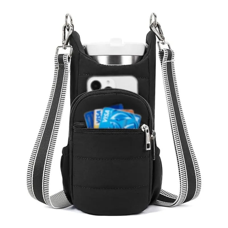 Bicycle-mounted water bottle bag in black pink or beige cloth with modern simplicity design