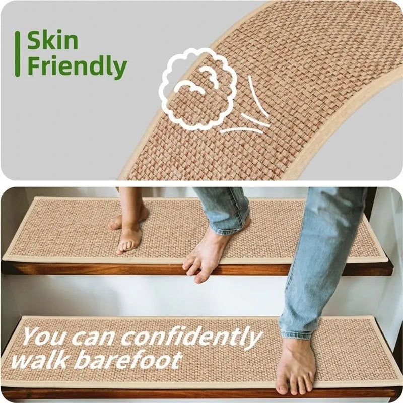 Japanese-style linen-look stair carpet with camel colour and rubber backing
