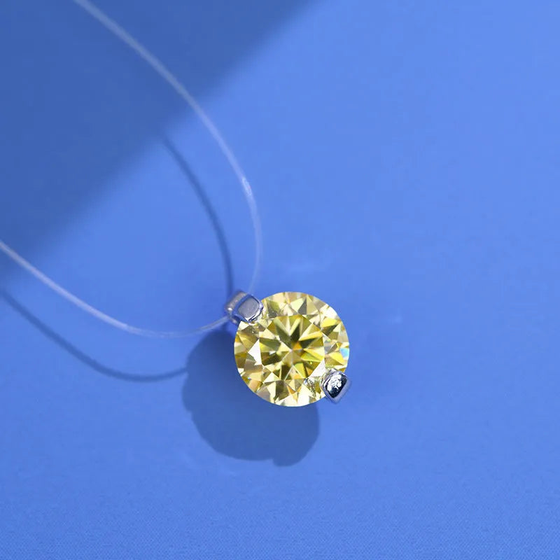 Women's silver clavicle chain necklace with a floating moissanite stone and plum blossom detail.