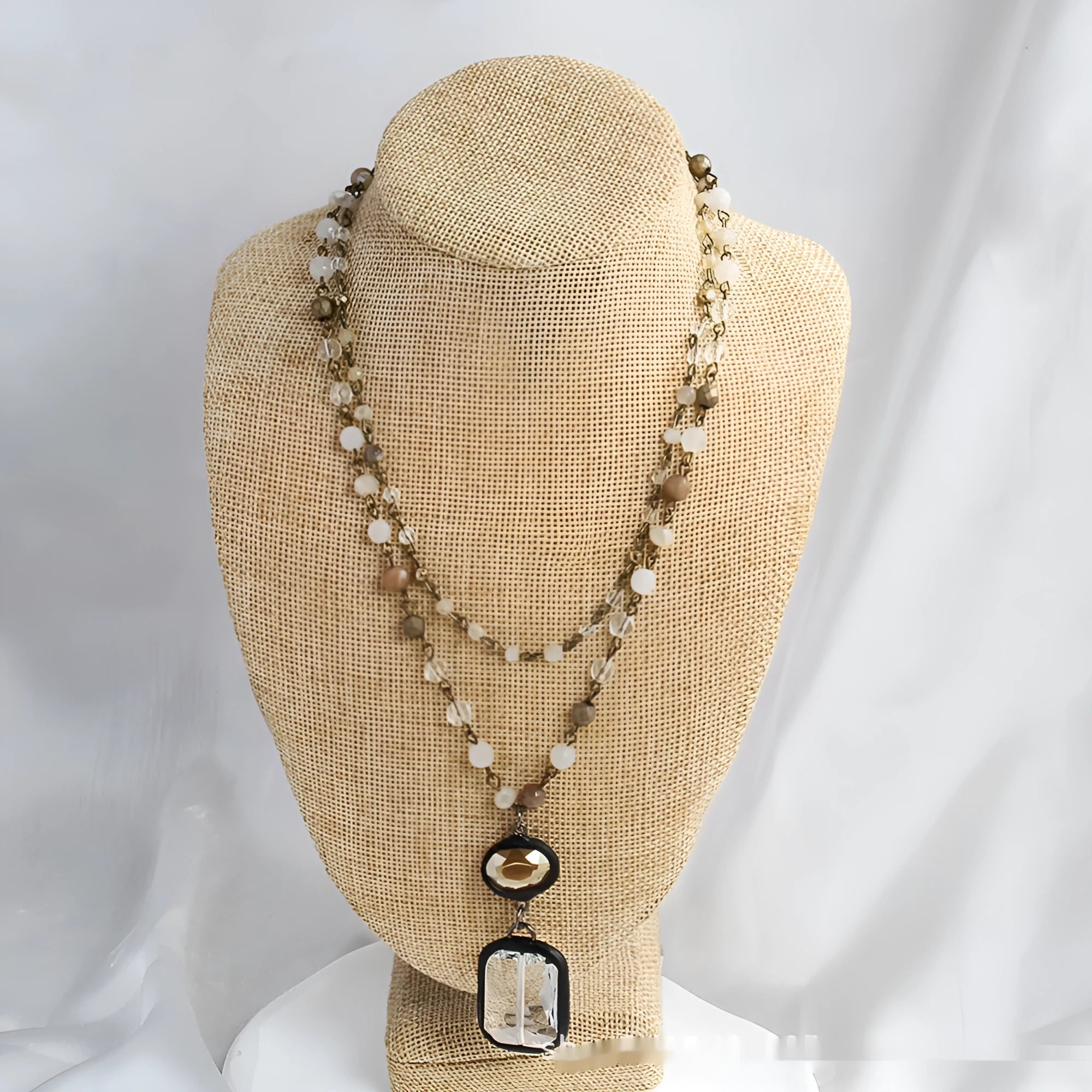 Two-layer tribal necklace with natural stone and glass pendant on adjustable chain