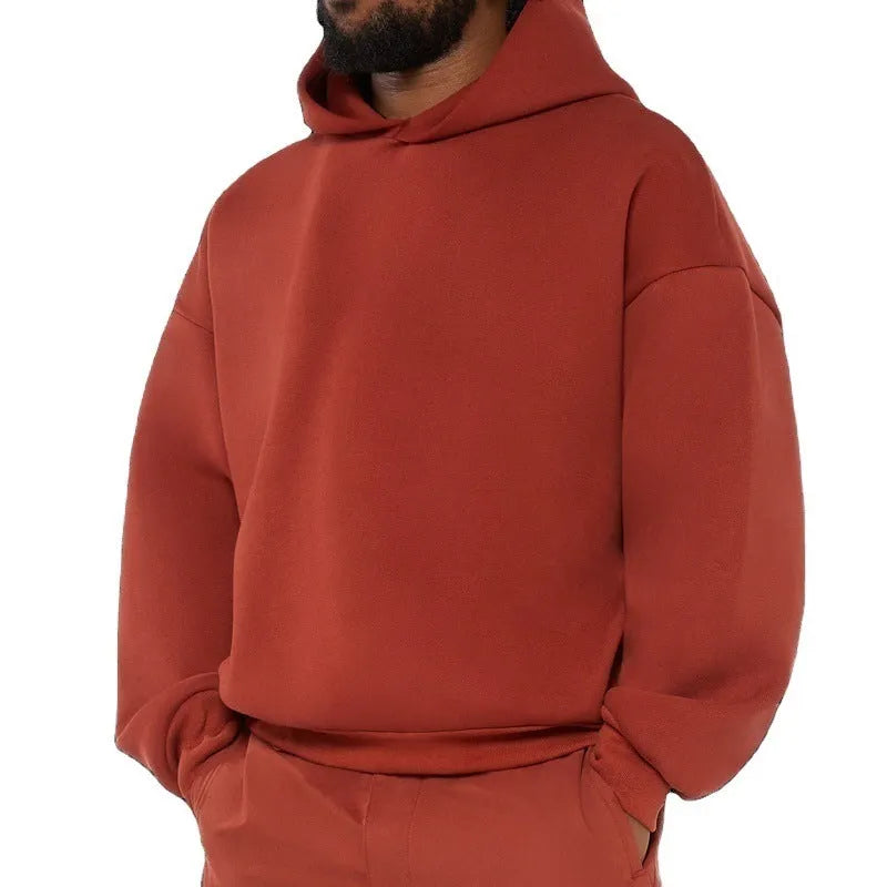 Men's fleece-lined cotton hoodie with wool lining in solid colour