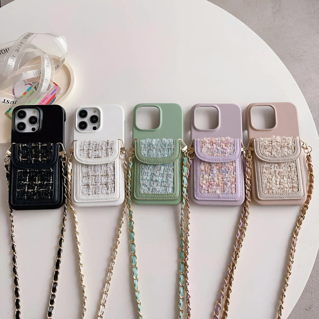 PU leather crossbody phone case with woven chain strap and card holder for iPhone