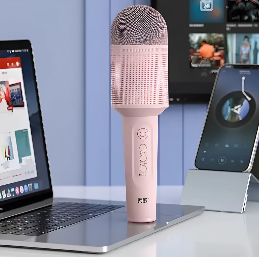 Wireless Bluetooth karaoke microphone in pink, blue, or green colours with USB connection