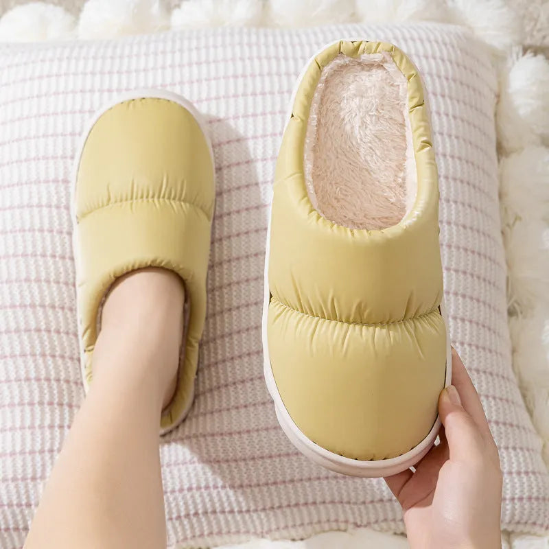 Down cotton slippers with thick rubber soles and artificial leather uppers in multiple colours