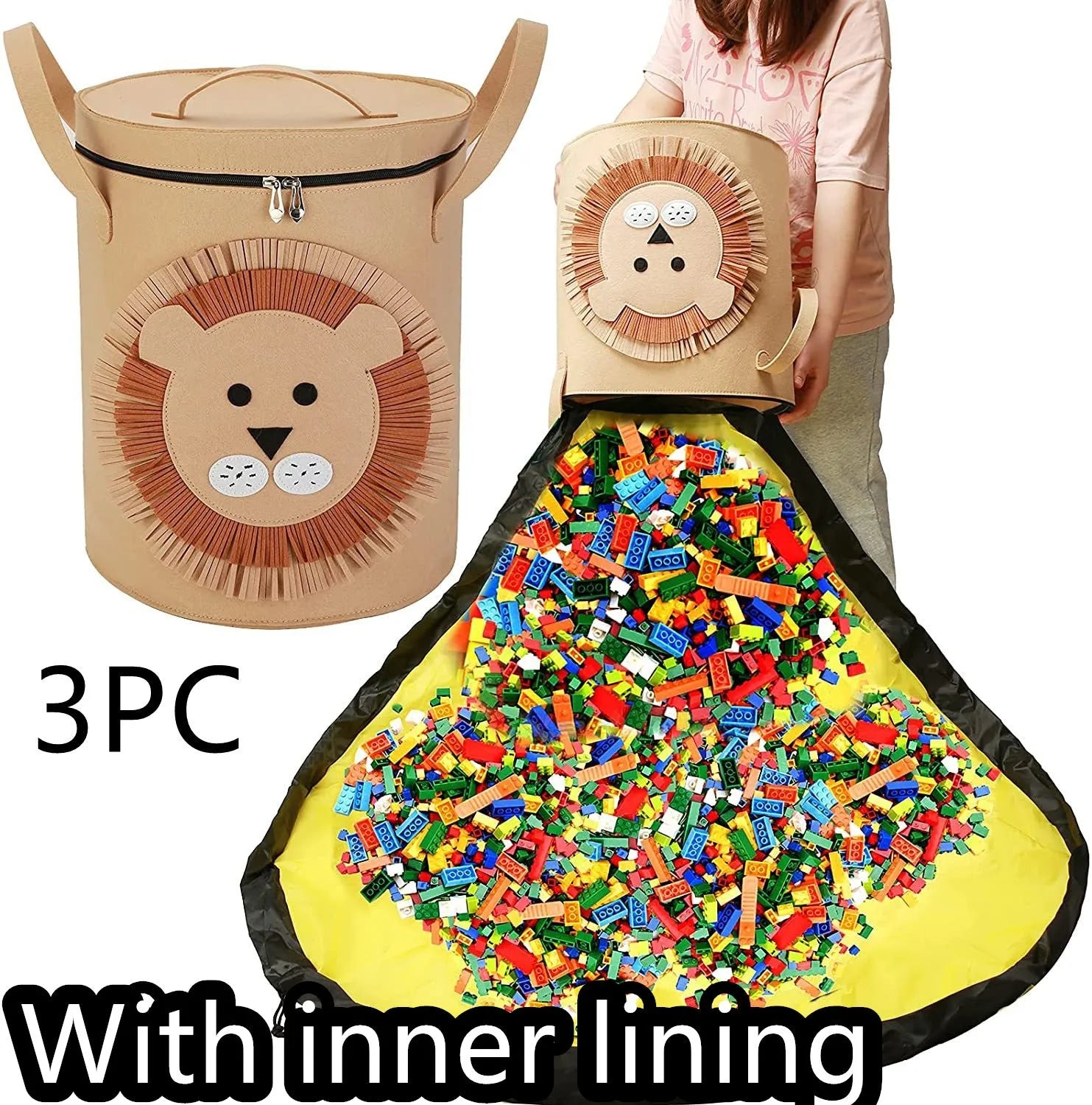 Green felt cube storage bag with a pull rope, laid flat as a play mat.