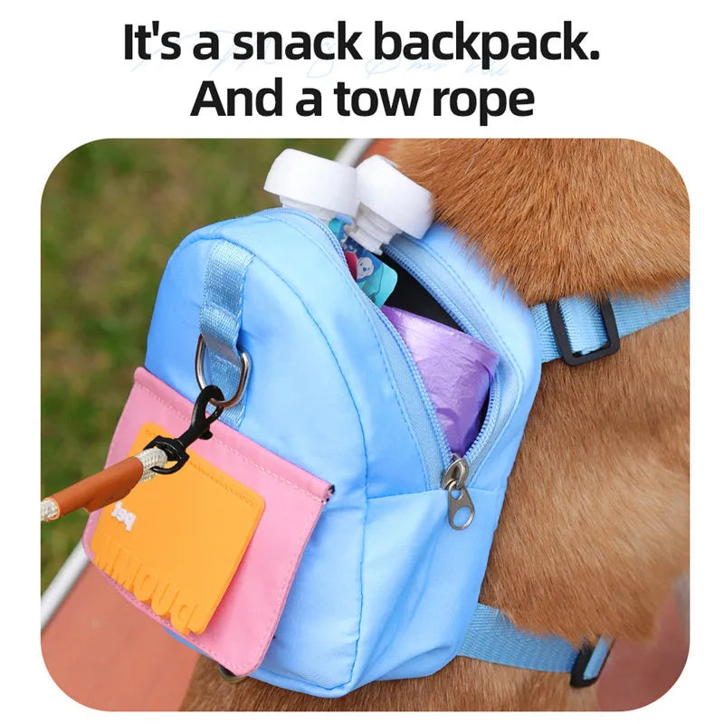 Adjustable dog harness backpack with storage compartment in blue colour