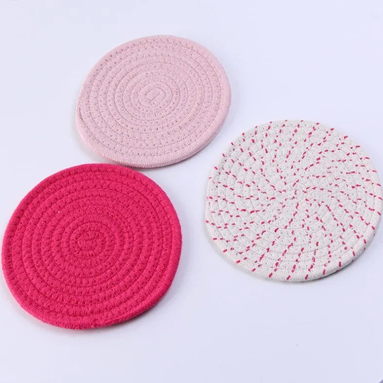 Three round cotton cord coasters in modern simplicity design with 18cm diameter