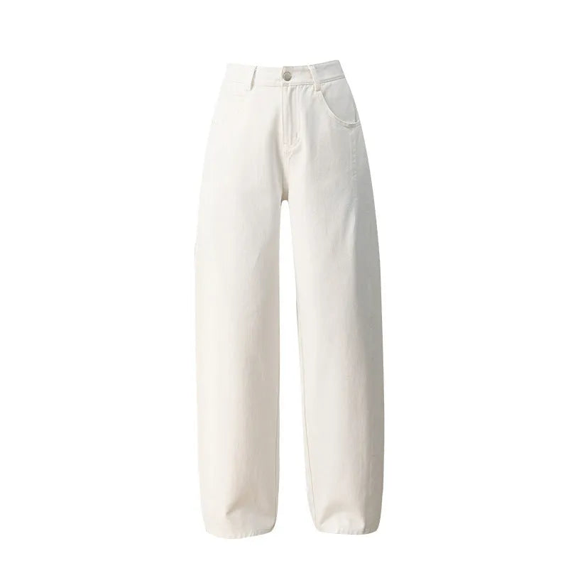 High-waisted curved sickle wide-leg pants in off-white soft denim cotton trousers with slight stretch for women