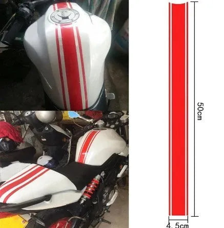 Motorcycle gas tank lid reflective pinstripe sticker measuring 50 by 4.5 cm in black, red, silver, or yellow