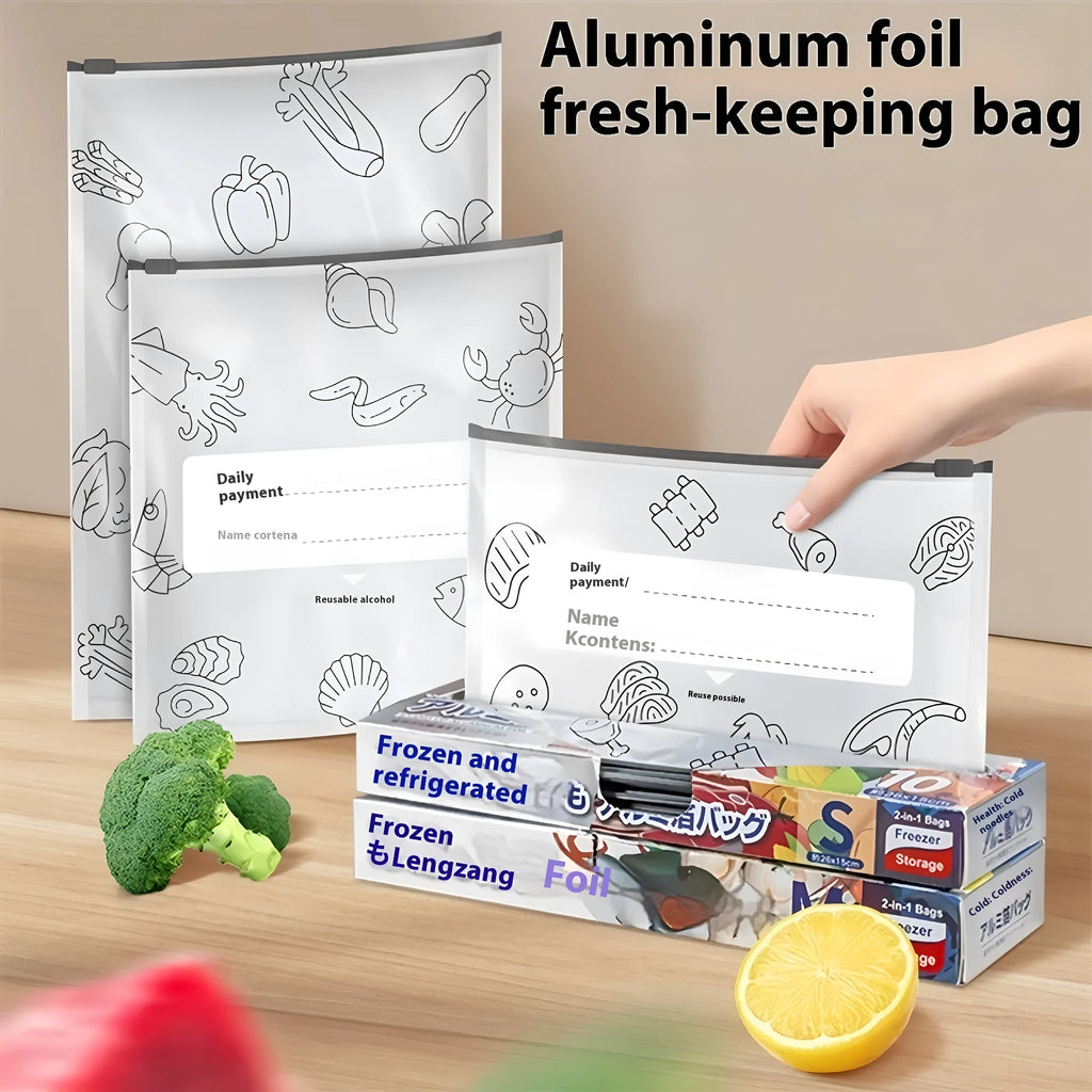 Aluminium foil sealed storage bags in three sizes for food preservation