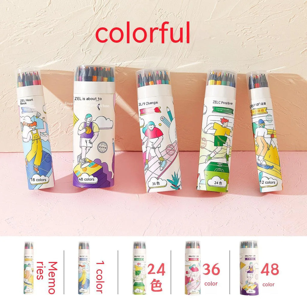 Zhenglin Sports Series coloured pencils set in a paper barrel, showing multiple colour options.