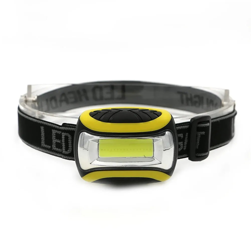 Yellow plastic three-speed LED headlamp for outdoor activities.