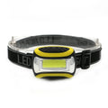 Yellow plastic three-speed LED headlamp for outdoor activities.