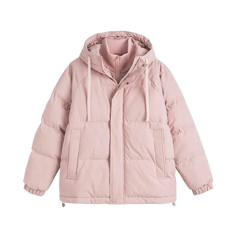 A loose two-piece cotton-padded winter coat in a solid colour with side seam pockets.