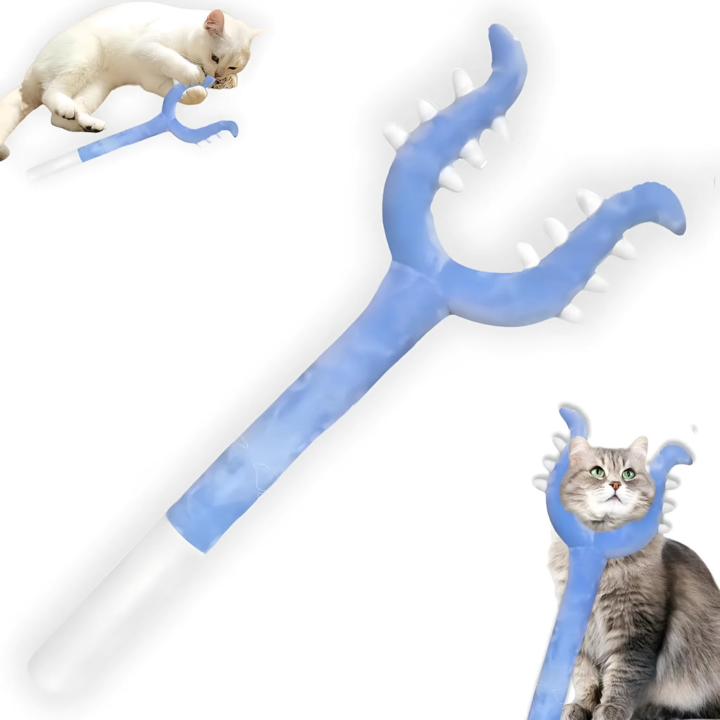 Blue and pink plush cat wand toy with a 70cm handle for interactive pet play.