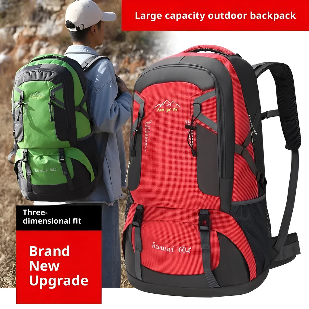 60L black nylon mountaineering backpack with letter print and air pillow belt