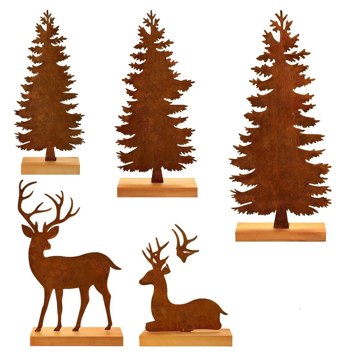 Three metal Christmas tree ornaments with elk motifs in rustic patina finish