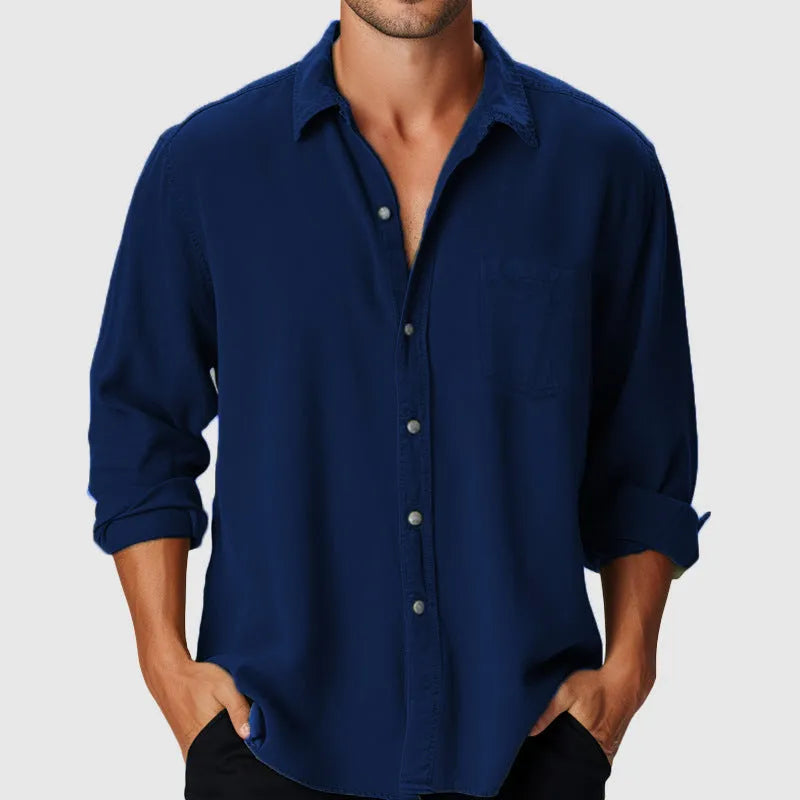 Men's loose fit long sleeve beach shirt with stand collar on a mannequin.