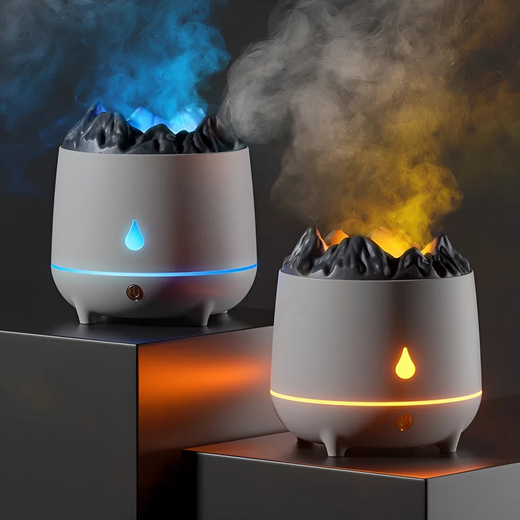 White volcano-shaped ultrasonic humidifier with USB cable on a wooden table.