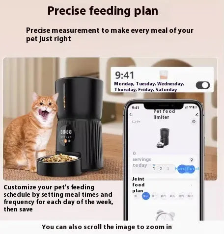 Black intelligent pet feeder with USB cable connection and food dispenser opening