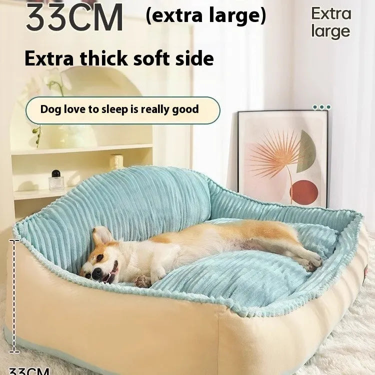 Morandi coloured removable washable pet kennel bed for dogs and cats, shown in two sizes.