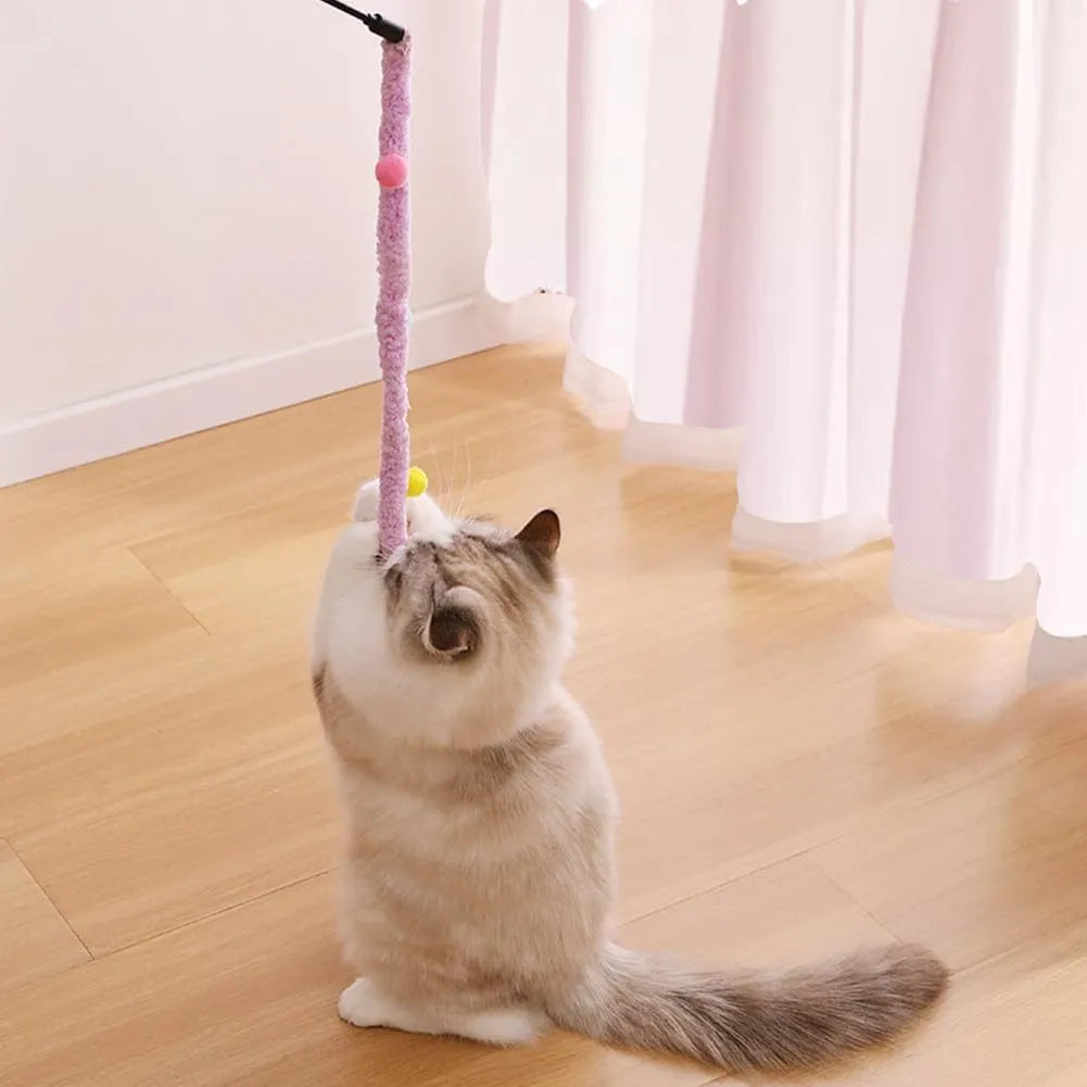Colourful plush strip cat wand toy with jingle bells on a 41cm long pole