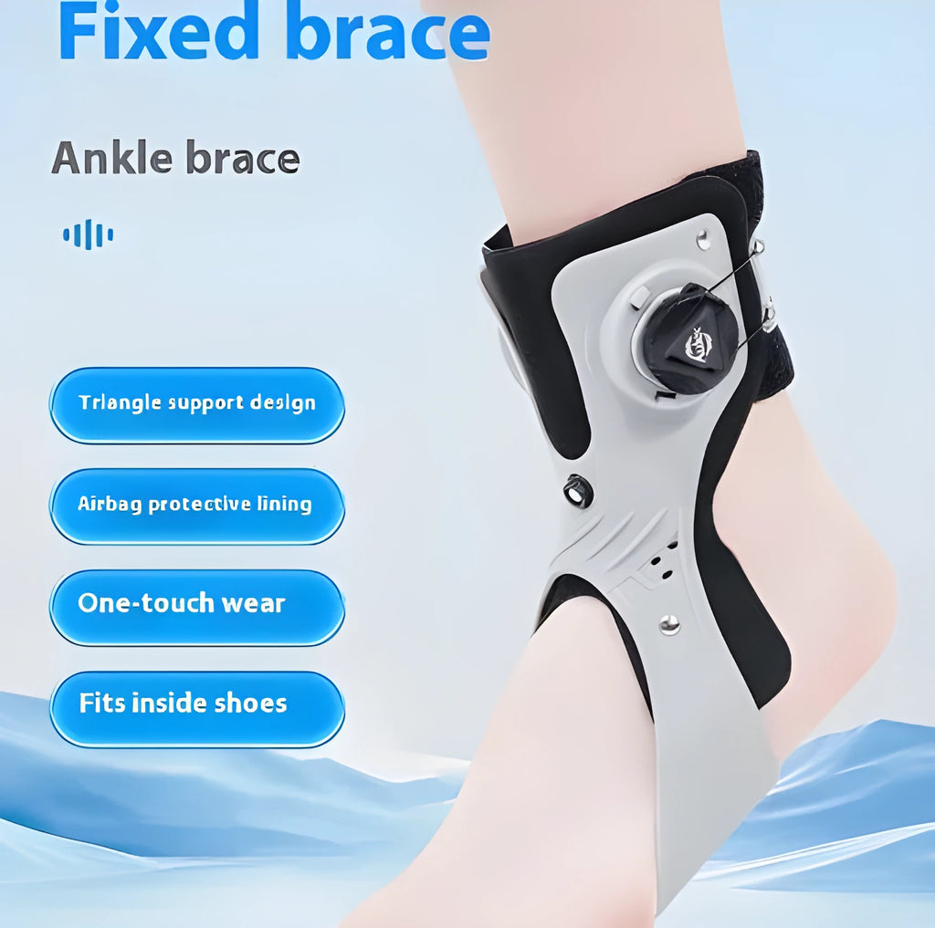 Grey or black ankle fixation brace with airbag button support showing left and right foot models