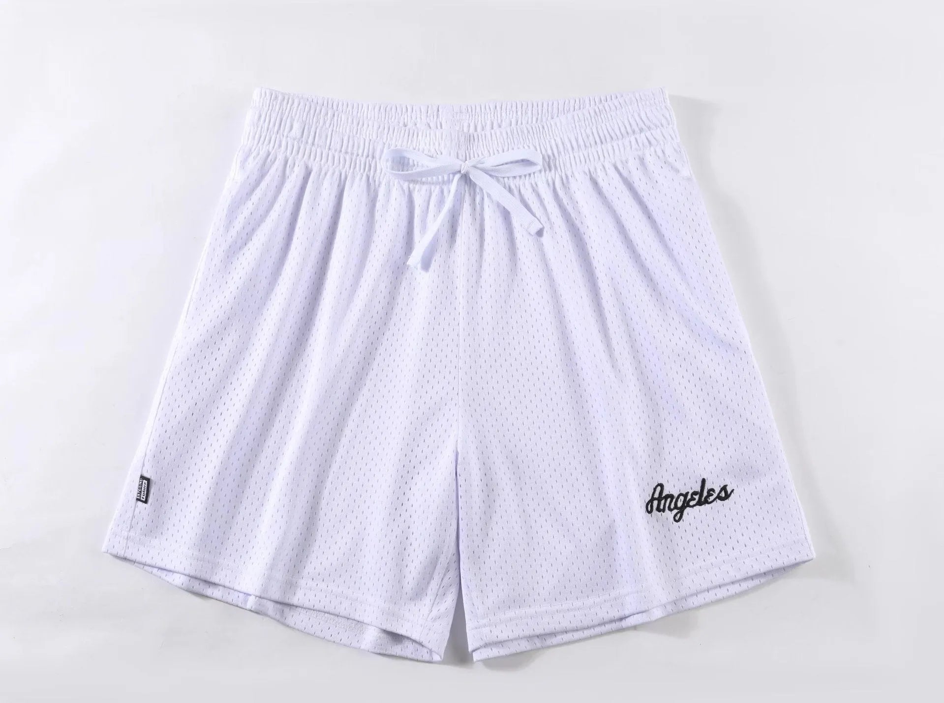 Men's personalised double-layer mesh sports shorts in multiple colours on a size chart.