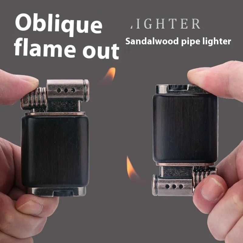 Decorative gas lighter with wood finish options including black wood, rosewood, and red wood styles