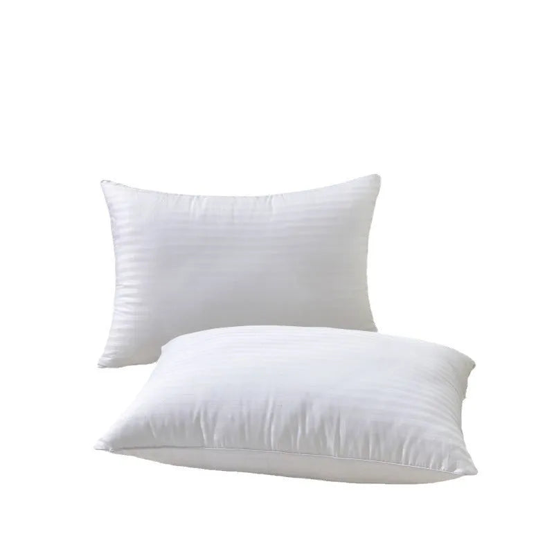 White hotel cotton satin stripe feather and cotton blend pillow showing satin stripe detail.