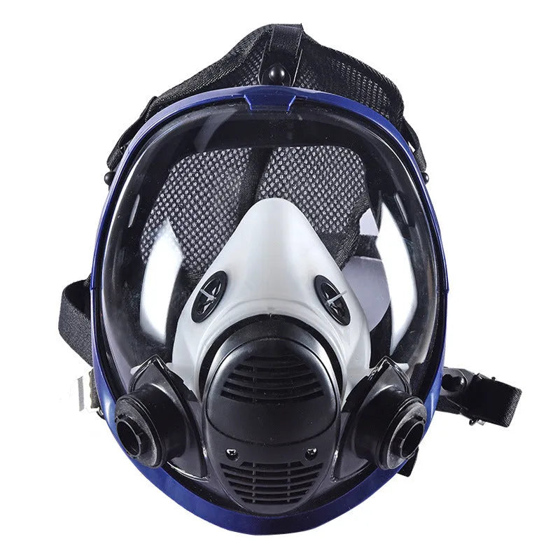 KN95 spherical full face gas mask with blue edge and trapezoidal canister containing activated carbon gauze filter