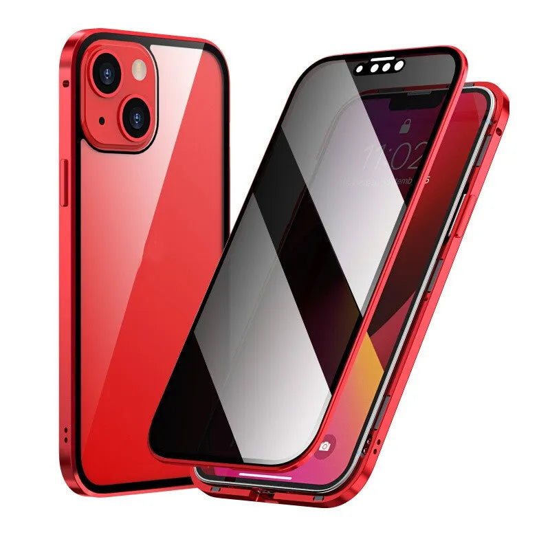 A solid-colour magnetic iPhone case with an integrated metal frame, shown in black, for use with magnetic car mounts.