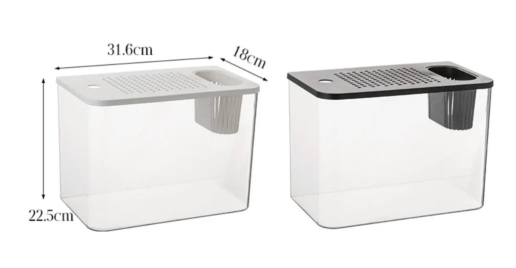 Black or white plastic betta fish tank with cover measuring 32cm wide by 18.5cm deep by 23cm high