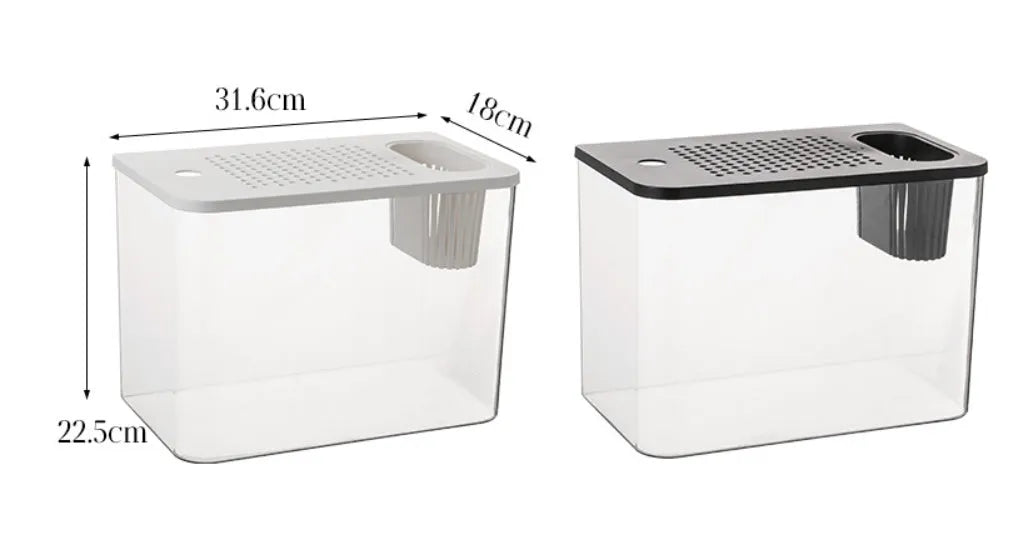 Black or white plastic betta fish tank with cover measuring 32cm wide by 18.5cm deep by 23cm high