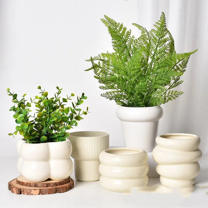 Roman column architectural ceramic flower pot in matte yellow finish with self-absorbent water-saving design