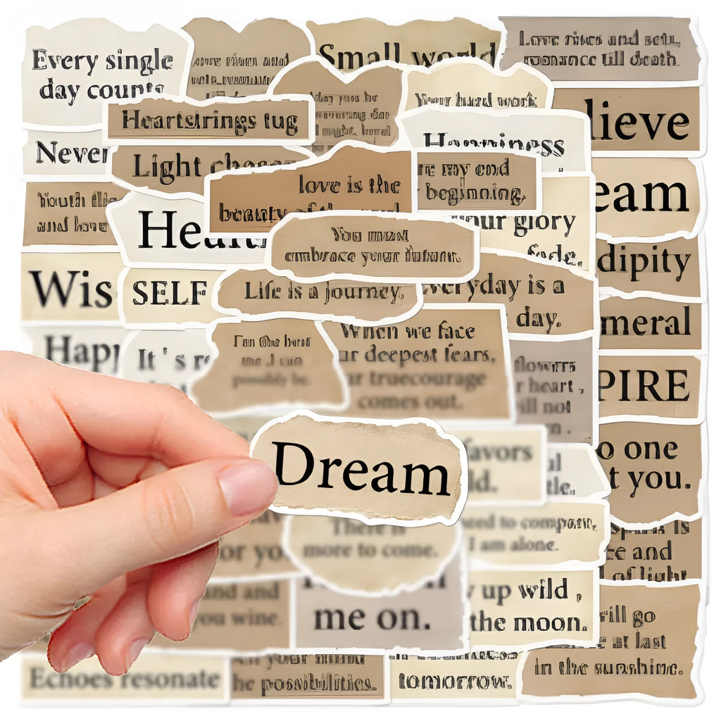 Pack of 25 waterproof PVC laptop stickers with tear English text design and repositionable adhesive