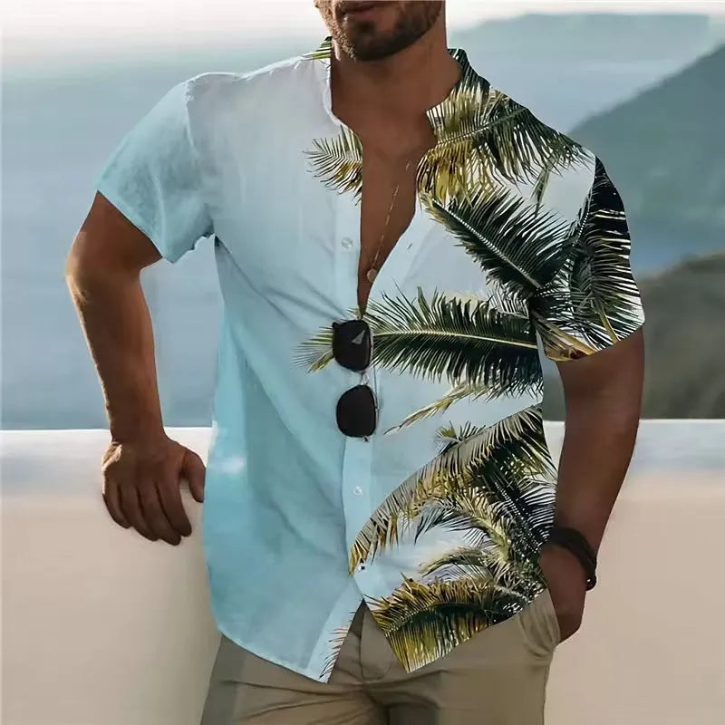 Man wearing a loose-fit floral print short sleeve cardigan shirt in a casual setting.