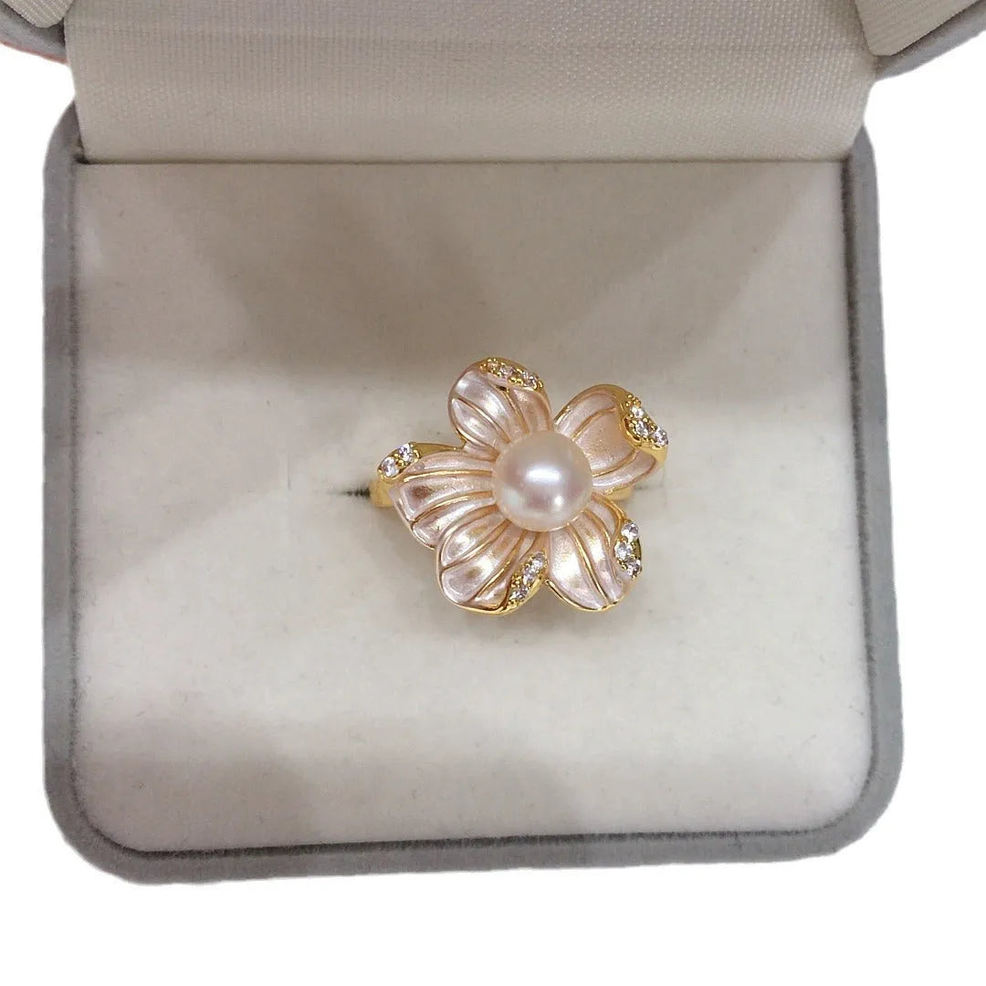 5A bright natural freshwater pearl ring with 18K gold plated frosted flower design, adjustable opening, white pearl colour